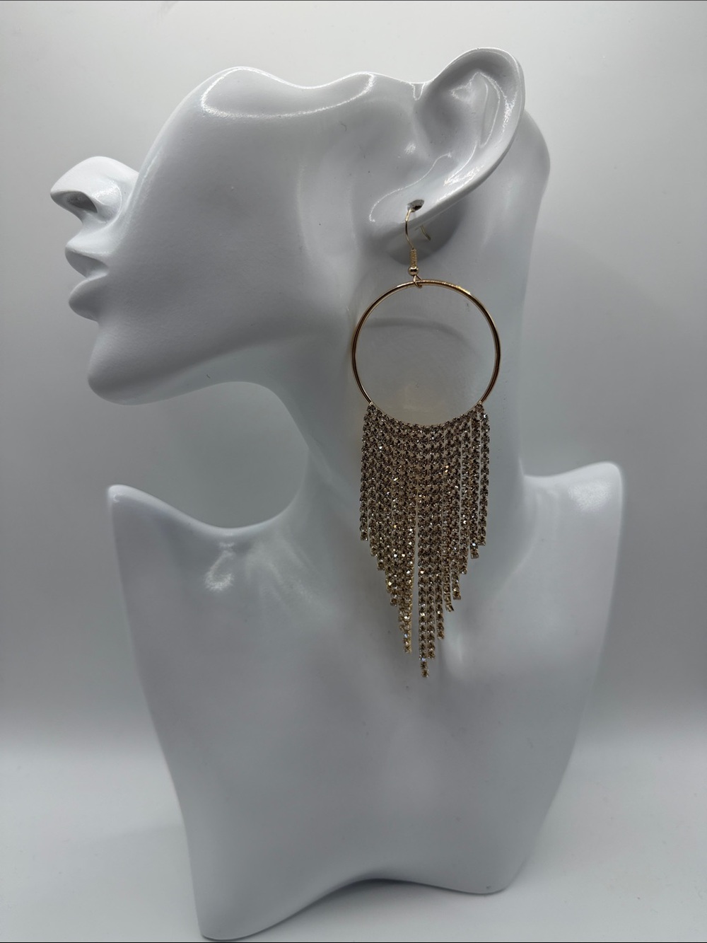 037. Gold Hoop Fringe Crystal Drop Earrings